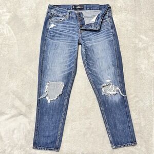 Hollister Jeans Womens 27 Blue Vintage Boyfriend Button Fly Dark Ripped Denim